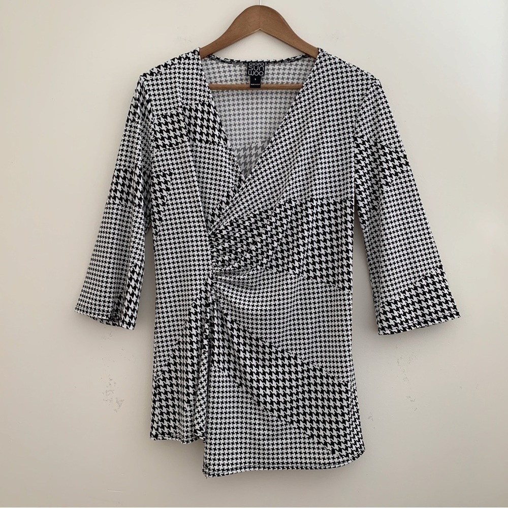Clara Sunwoo Side Gathered Houndstooth Tunic Top Small